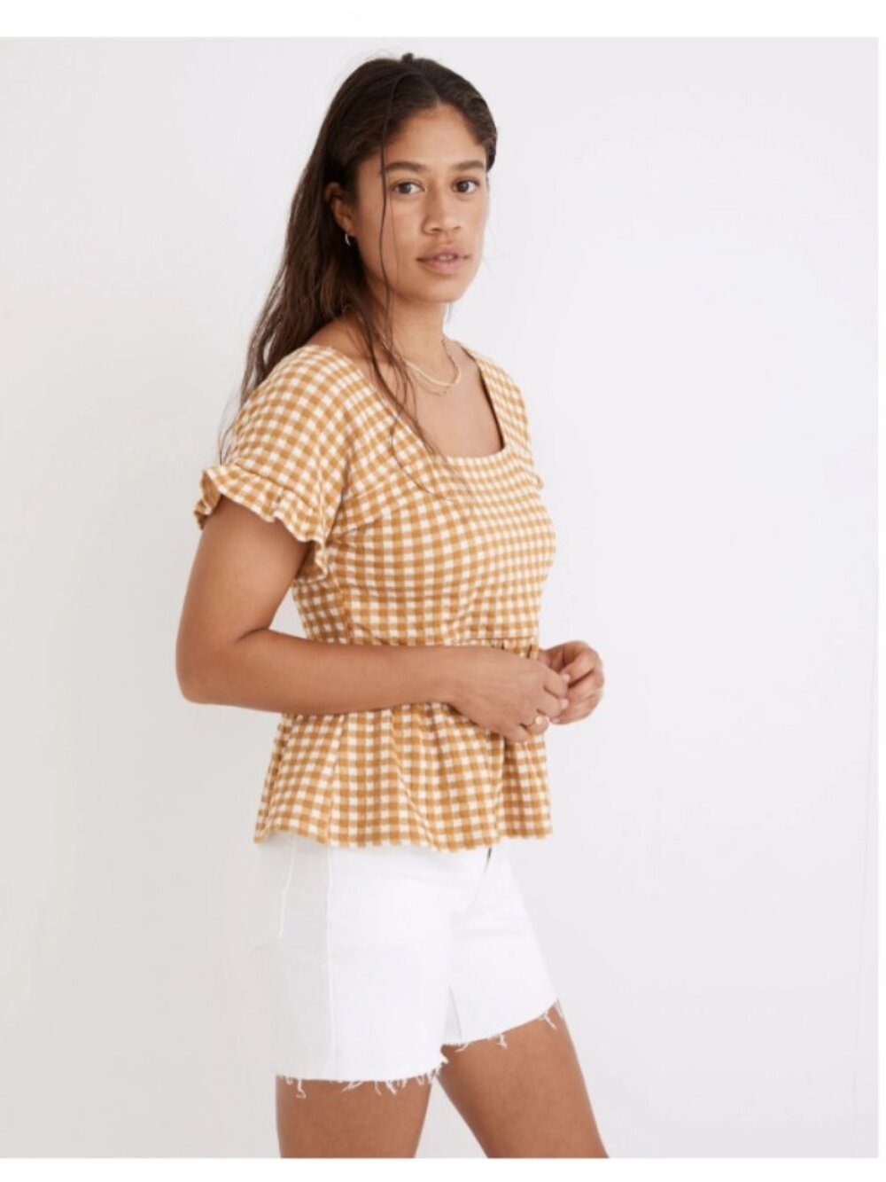 Gingham Knit Ruffle-Hem Top + Sz Sm + NWOT